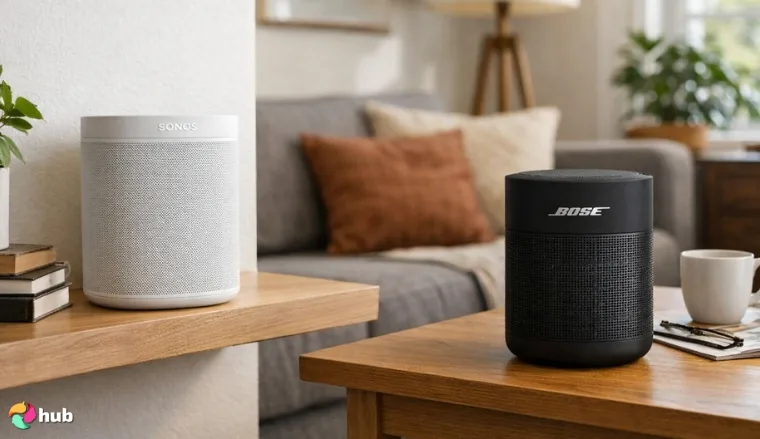 Sonos and Bose Speakers arranged in the living-room