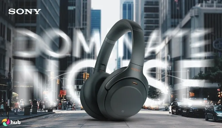 Promotional Advertisement showing giant Sony headphones on the street among people and buildings