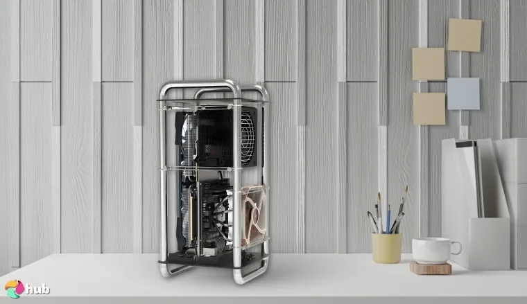 Streacom DA6 XL Open-Frame Mini ITX Case on a white office desk styled for promotional review