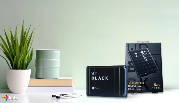 WD_BLACK 5TB P10 External Drive on a white office desk with decorative items for a review