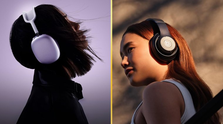 Split image showing AirPods Max on the left with a sleek, minimalist design, and Beats Studio Pro on the right with a sportier look, both worn by models.
