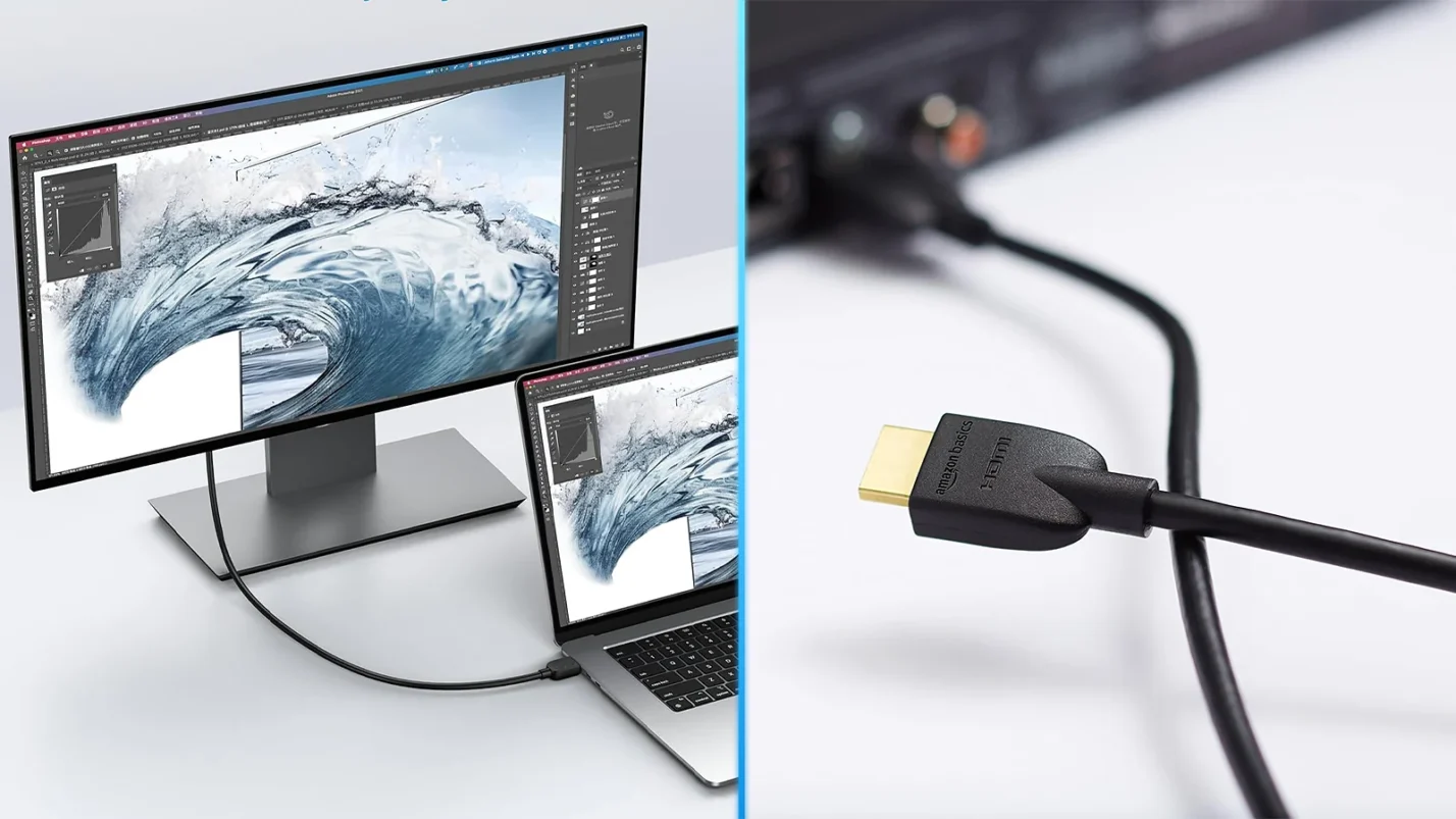 HDMI cable connecting a laptop to an external monitor displaying photo editing software