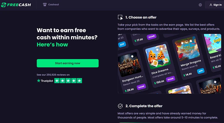 Freecash website page