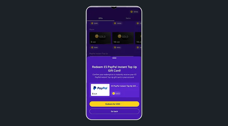 Snakzy App showing payout method