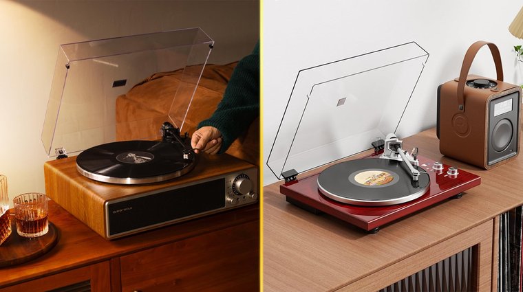 A split image showing a wooden belt-drive turntable being played on the left, and a red 1 BY ONE all-in-one vinyl record player with a brown portable speaker on the right.