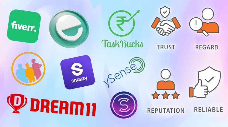 Collage of money-earning app logos including Fiverr, Dream11, TaskBucks, Snakzy, and ySense on a pastel background.