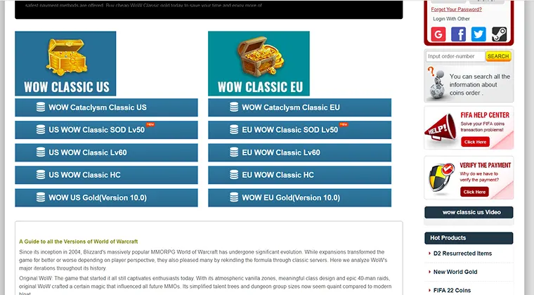 Goldah website page displaying options