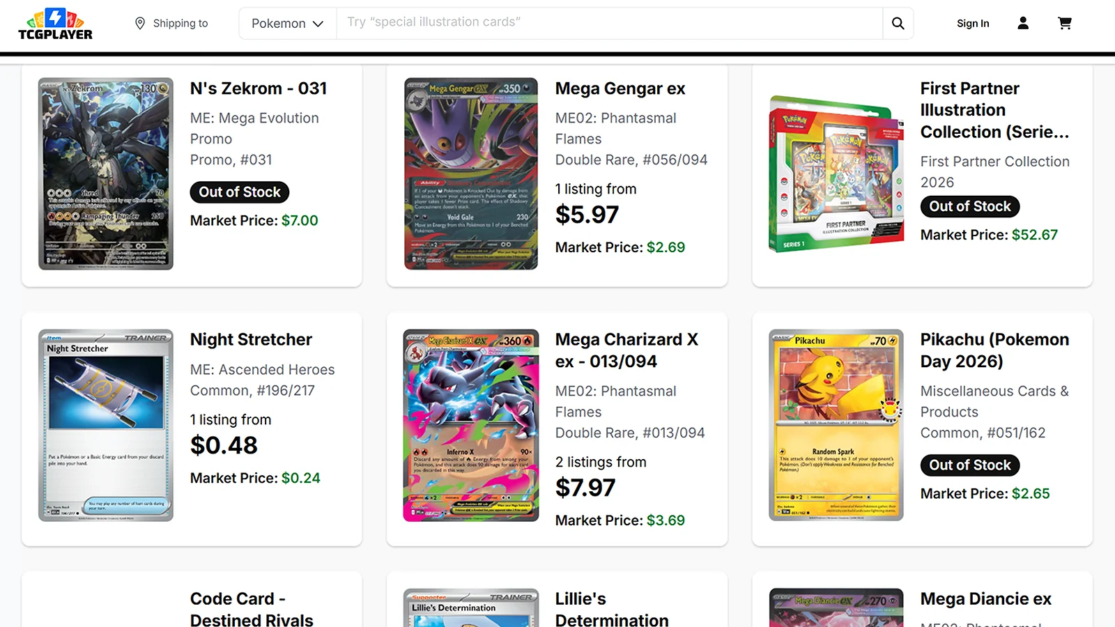 Pokemon listing on TCGPlayer website
