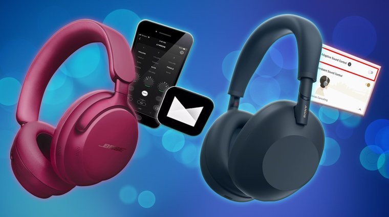 Bose QuietComfort Ultra and Sony headphones shown side-by-side with app interface overlays highlighting their adaptive noise-canceling settings.