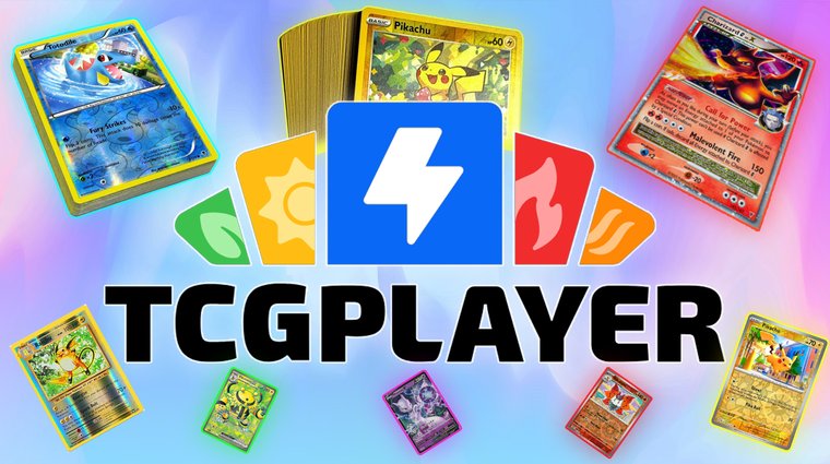 TCGplayer logo surrounded by various Pokémon trading cards.