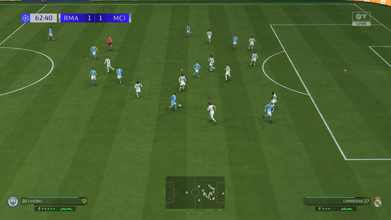 EA Sports FC in-game match view featuring Cherki playing for Manchester City against Real Madrid