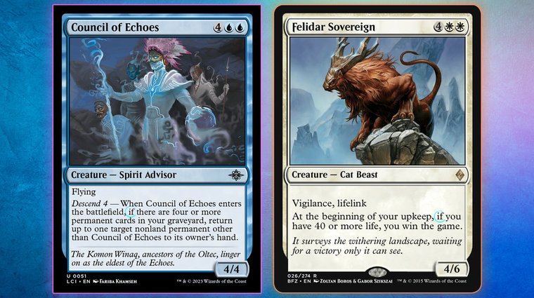 Two MTG cards, Council of Echoes and Felidar Sovereign, with the word "if" circled on each.