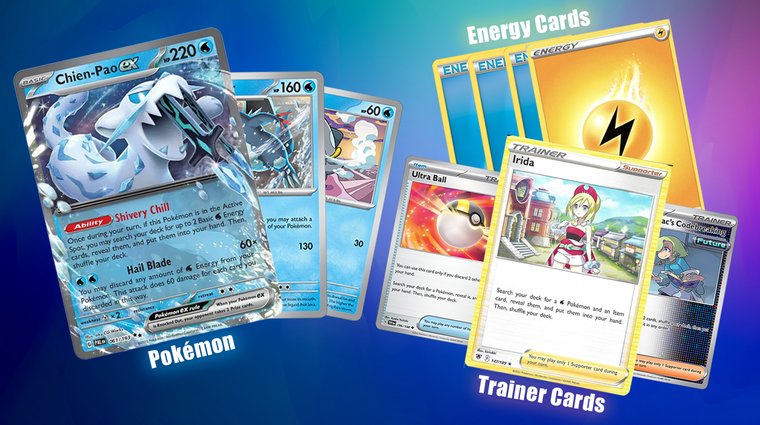 Brief graphic example of a Pokémon TCG deck showing three labeled categories: Pokémon, Trainer Cards, and Energy Cards.