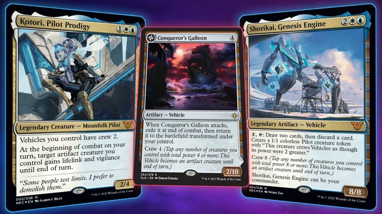 Three MTG cards: Kotori, Pilot Prodigy,  Conqueror's Galleon, and the Shorikai, Genesis Engine. Each card illustrates different ways to interact with the "Crew" mechanic.