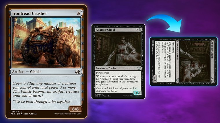 An image illustrating the "Crew" mechanic in MTG. It shows the artifact card "Irontread Crusher" (Crew 3) alongside the creature card "Abattoir Ghoul" (3 power), with an arrow pointing to the ghoul card being tapped (rotated 90 degrees) to activate the vehicle.