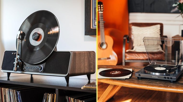 Crosley CR6049A WA and Audio Technica AT-LPGO-BT automatic turntables separated by a vertical bar.