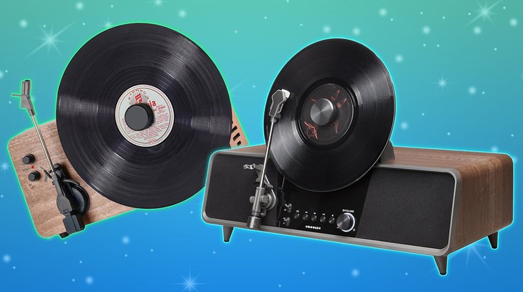 Side-by-side comparison of the vertical Crosley CR6049A-WA and Musitrend T208 turntables, both featuring wooden finishes.