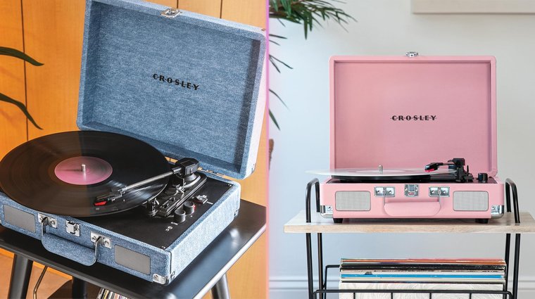 A split image featuring two open Crosley Cruiser Plus turntables: one in a blue denim texture playing a black record, and the other in solid pink playing a white record.