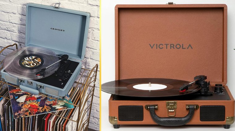 Crosley CR8005F-TN Cruiser Plus and Victrola Journey II record players separated by a vertical bar.