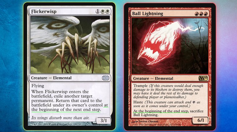Two MTG cards, Flickerwisp and Ball Lightning, with their "at the beginning of the next end step" and "at the beginning of the end step" text underlined to demonstrate delayed triggered abilities.