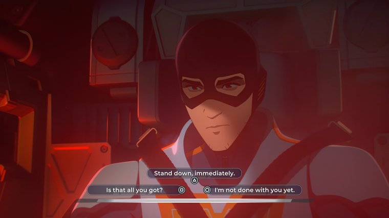 Close-up of Robert in a mech cockpit, wearing a mask and lit in red, with dialogue choices on screen.