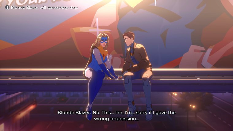 Blonde Blazer in a blue suit sitting on a ledge beside Robert, talking as they overlook a glowing city at night.