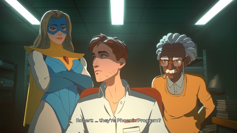 Robert, the main character, is sitting between Blonde Blazer and Chase. 