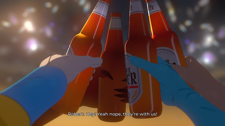 Animated shot of gloved hands clinking beer bottles in a celebratory toast as Robert speaks off-screen.