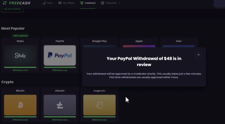 Freecash webiste page displaying payout methods