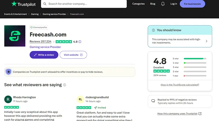Freecash reviews displaying on Trustpilot