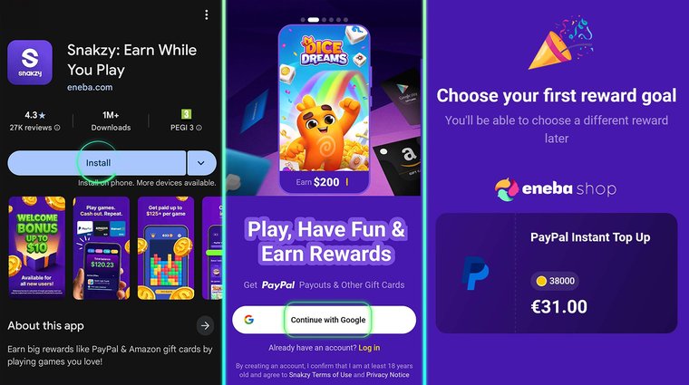Snakzy app store page and setup screens showing "Earn While You Play" and reward goals for PayPal.