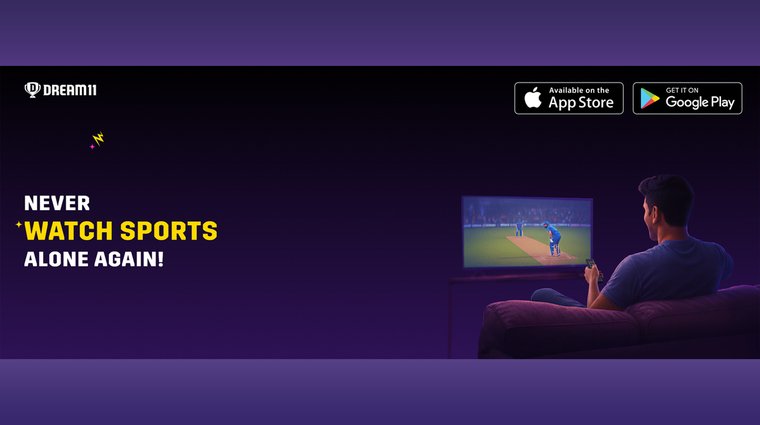 Dream11 with the text "Never Watch Sports Alone Again!" showing a man watching cricket, with links to the App Store and Google Play.