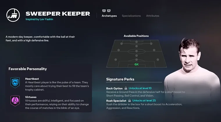 FC 26 goalkeeper selection screen showing player attributes and stats