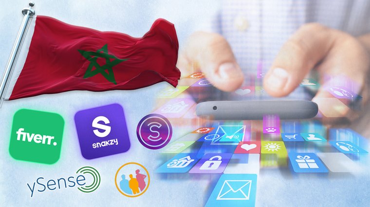 Moroccan flag next to hands using a smartphone with logos for apps like Fiverr, Snakzy, Sweatcoin, and ySense.