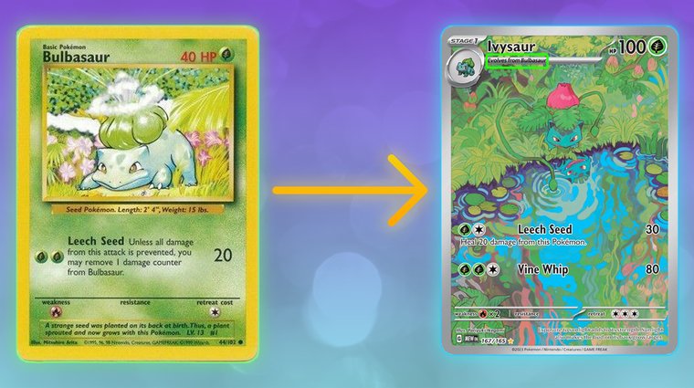 Bulbasaur Pokémon card evolving into Ivysaur Pokémon card, shown side by side with an arrow between them.