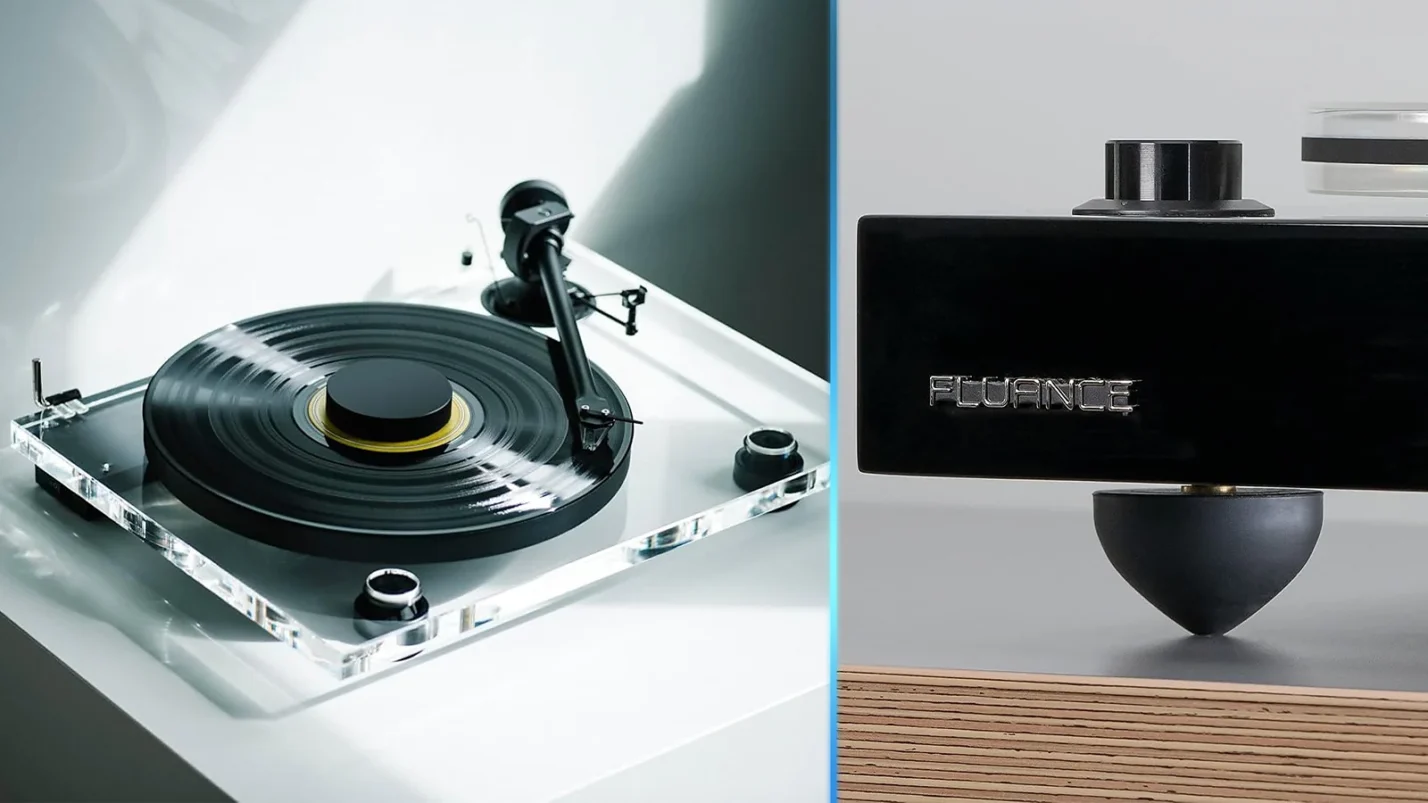 Fluance and Pro-Ject XA B audiophile turntables showcasing acrylic platters and vibration-isolation spiked feet