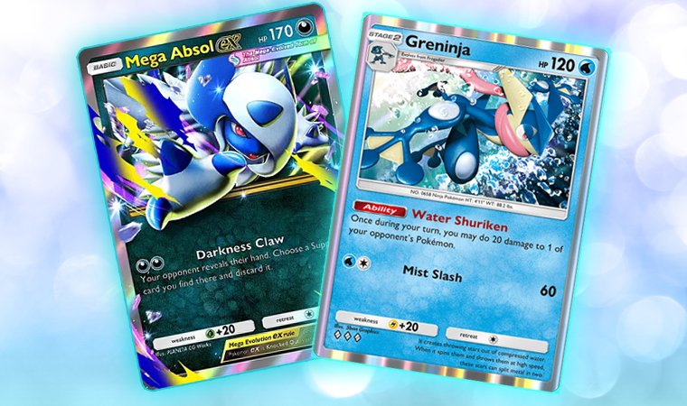 Mega Absol EX Pokémon TCG card with dark, shadowy artwork shown next to a Greninja card with splashing water artwork.