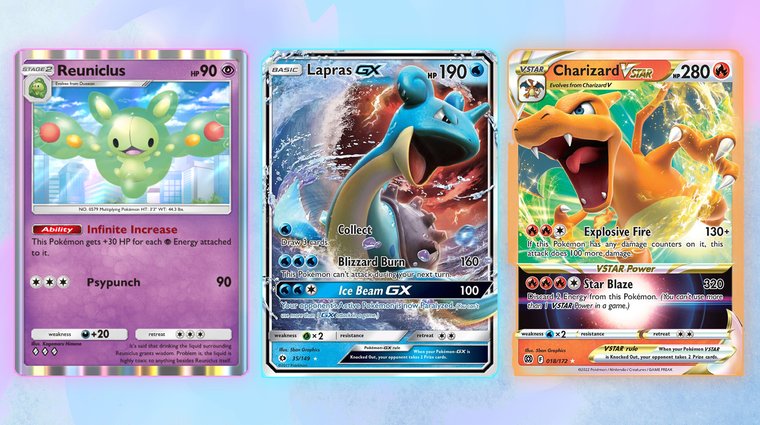 Three Pokémon TCG cards showcasing special powers: Reuniclus (highlighting an Ability), Lapras-GX (highlighting a GX attack), and Charizard VSTAR (highlighting a VSTAR Power).