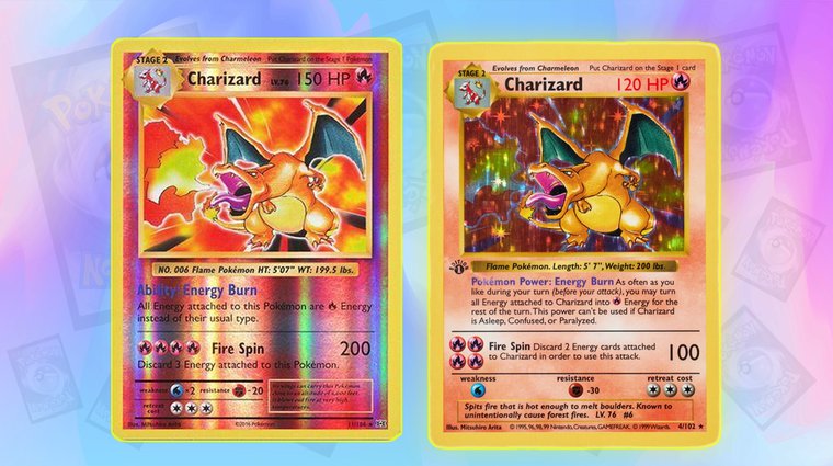 Two Charizard Pokémon Cards: Holo (Left) and Reverse Holo (Right).