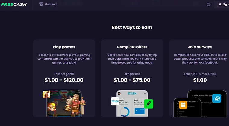 Freecash webpage displaying best ways to earn