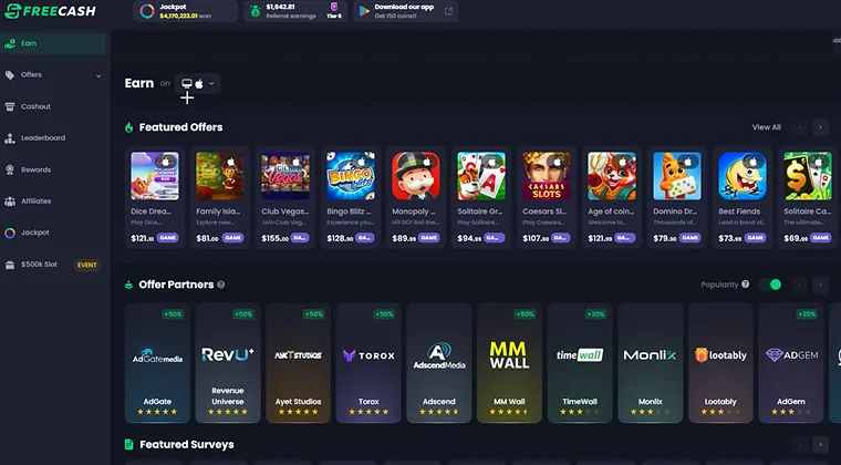 Freecash webpage displaying list of games to earn money