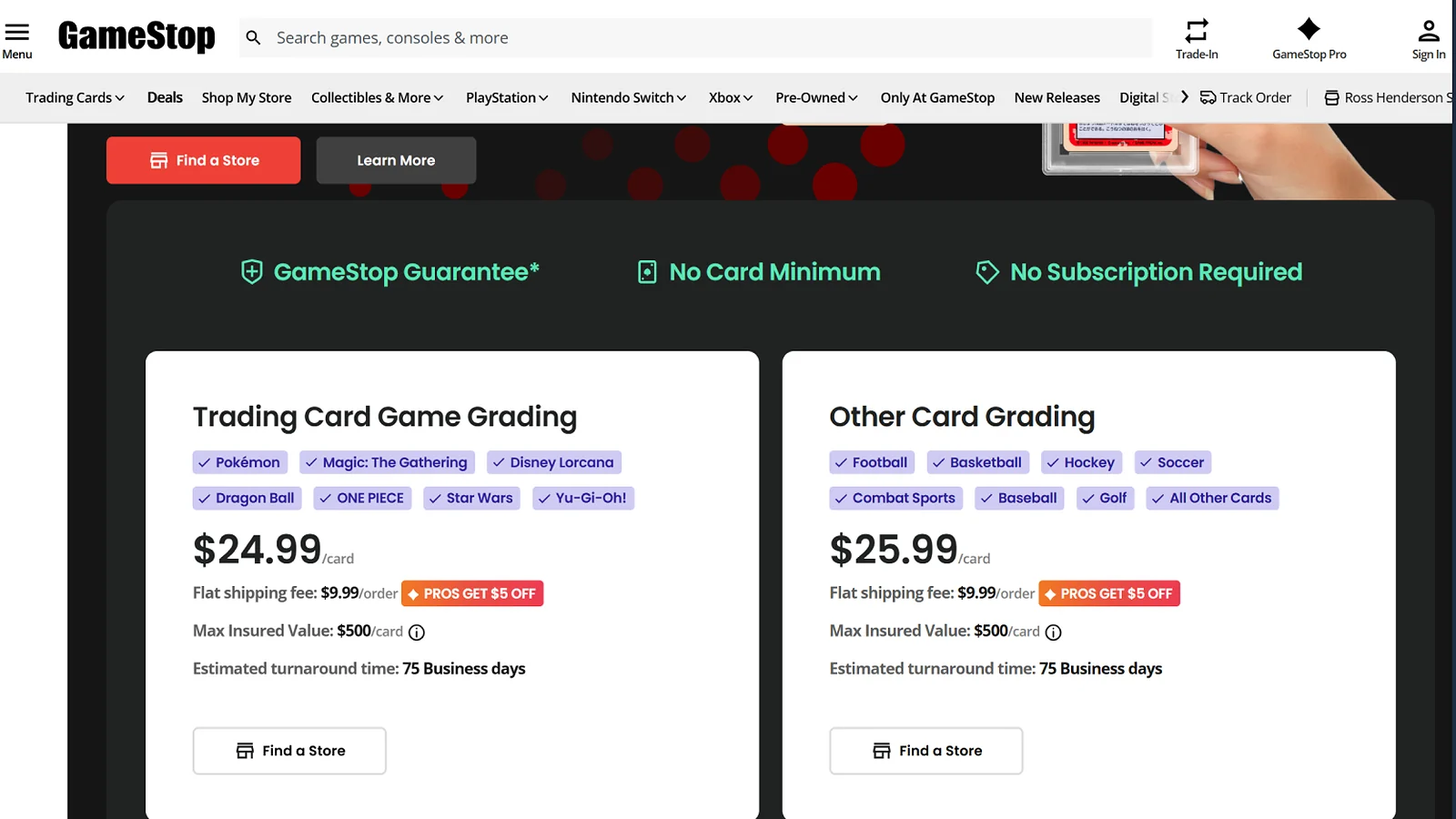 GameStop website page displaying price for grading cards