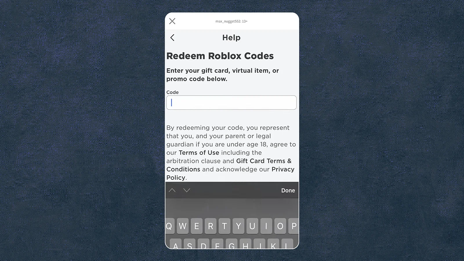 roblox account displaying a window for entering redeem roblox codes