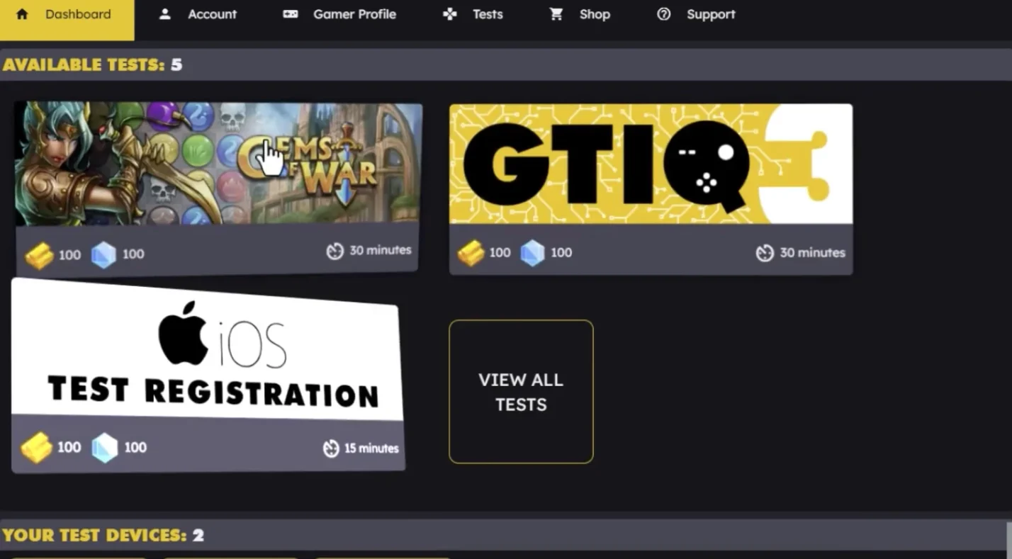 GameTester.gg website page displaying available tests