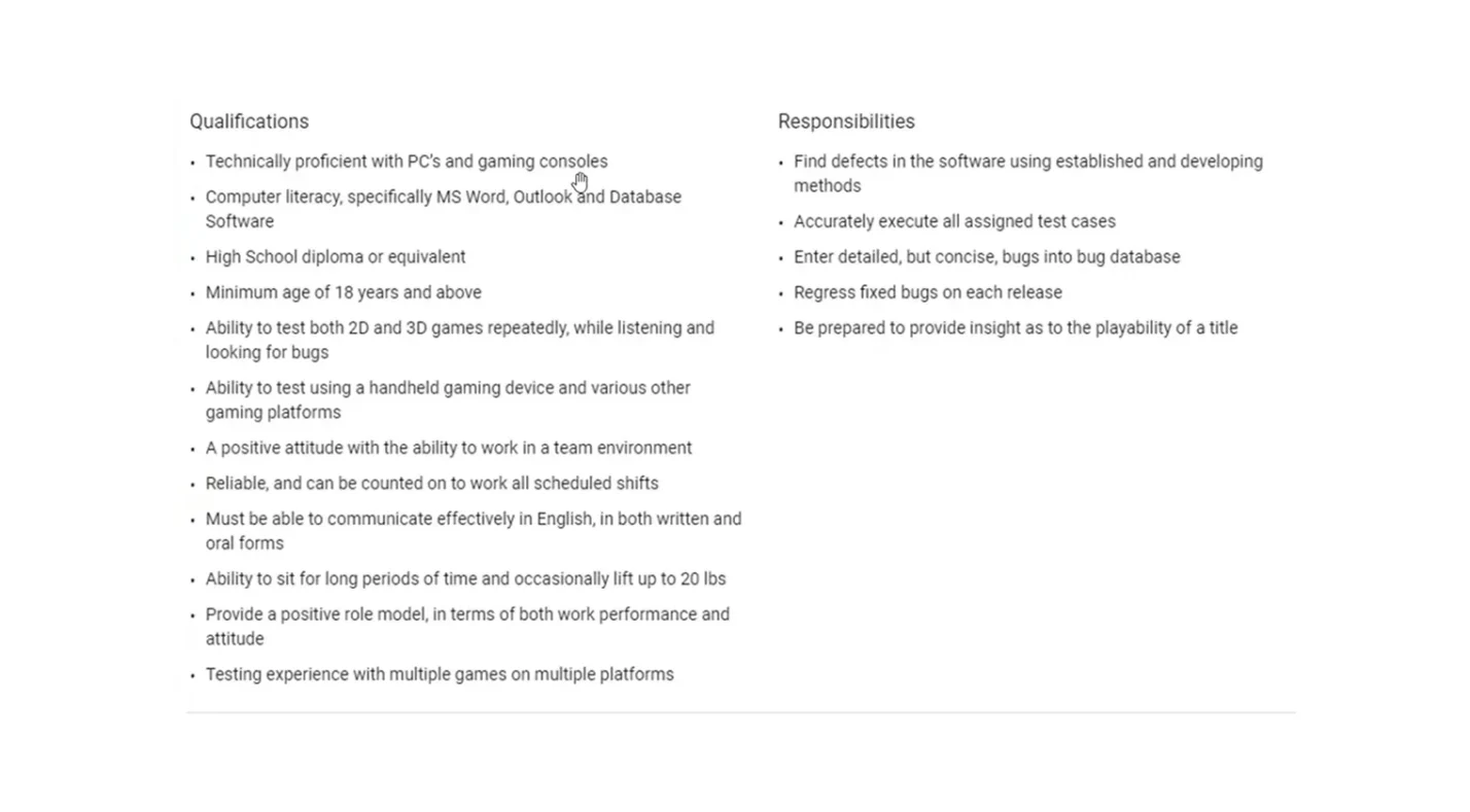 Needed skills for QA tester position