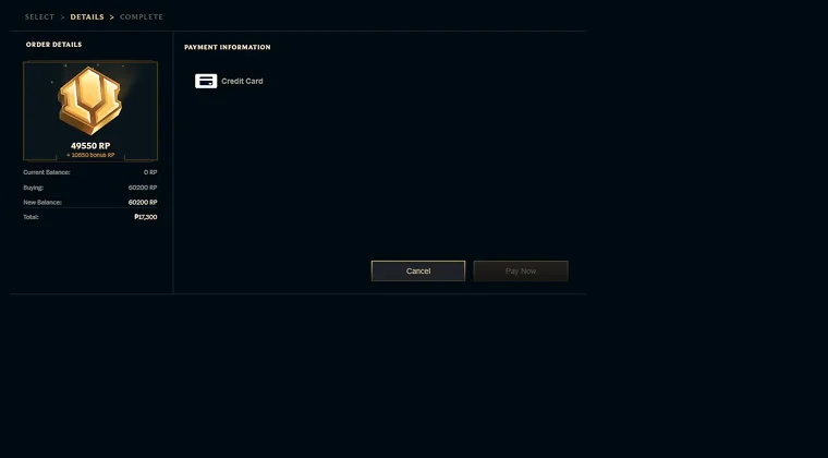 Purchasing RP with a credit card on a website