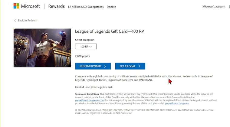 Micsrosoft Rewards Page displaying League of Legends Gift Card