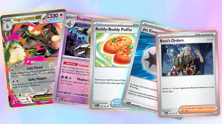 Five fanned-out Pokémon TCG cards: Mega Lopunny ex, Dusknoir, Buddy-Buddy Poffin, Jet Energy, and Boss's Orders.