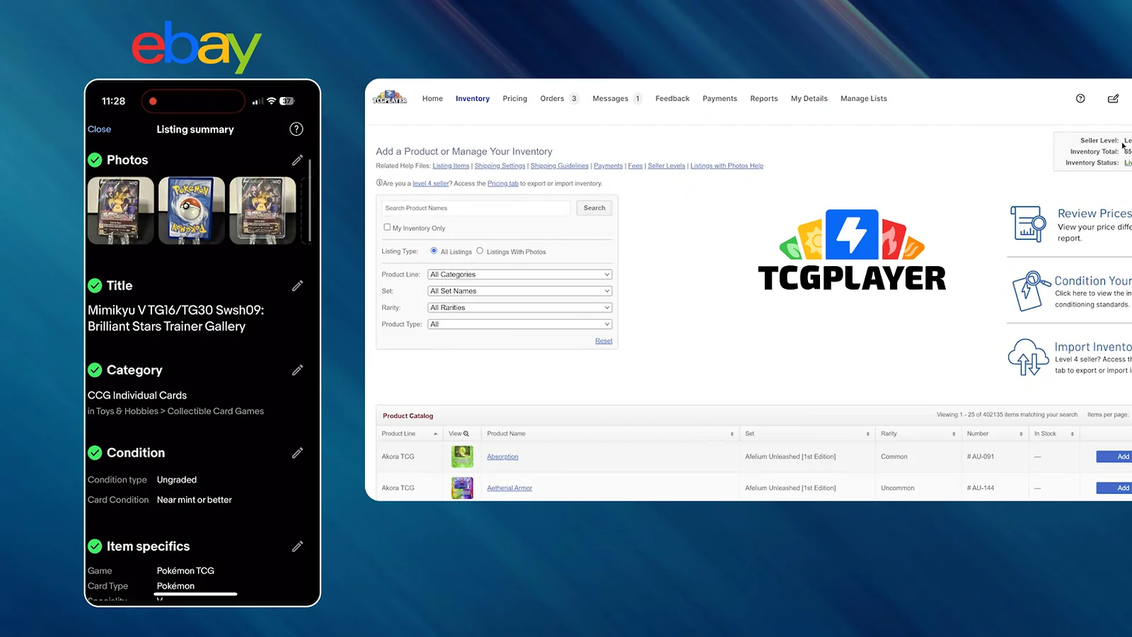 The process of filling out forms on eBay and TCGplayer for selling Pokémon cards.