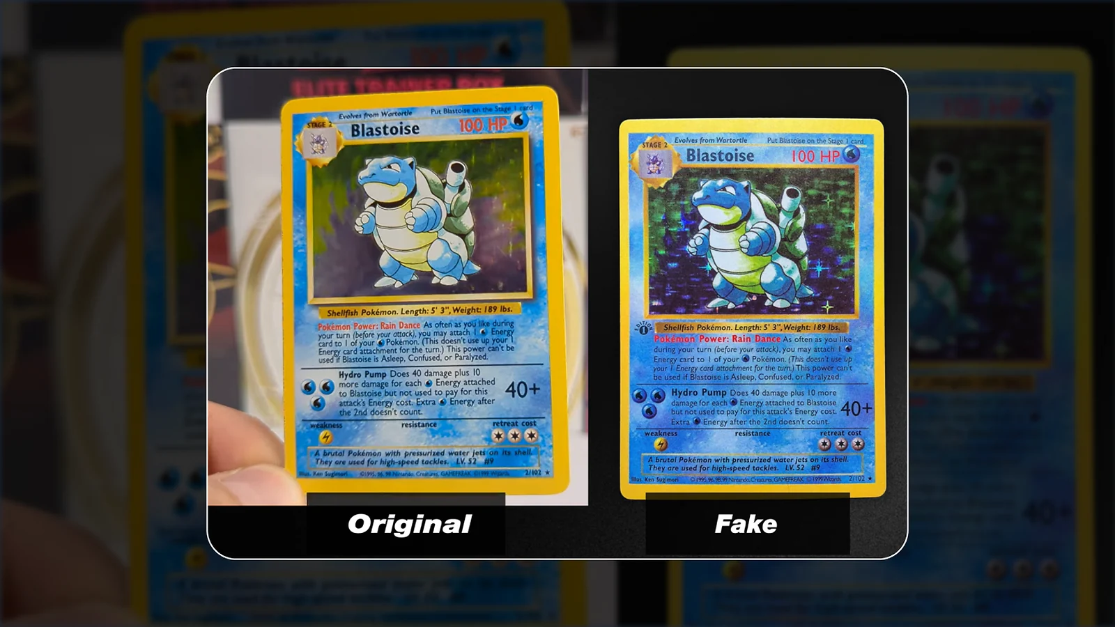Fake and original Blastoise Pokemon cards
